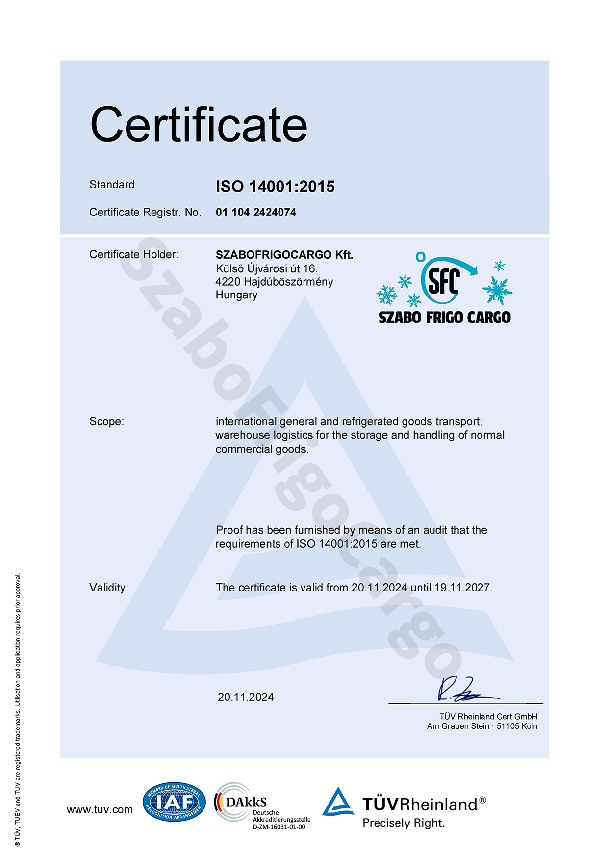 SzaboFrigoCargo ISO-14001